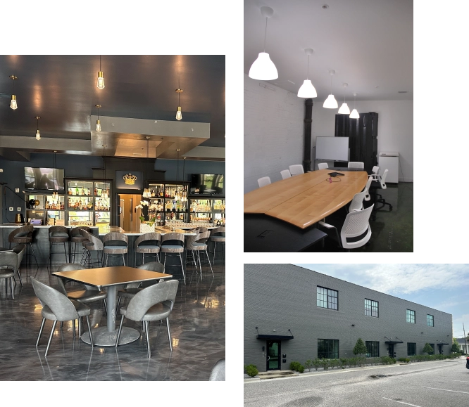 group of pictures of project- inside of restaurant with tables and chairs and bar, conference table, exterior gray building
